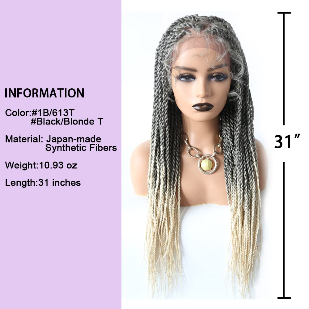 Braided Wigs For Black Women Transparent HD Full Lace Knotless Cornrow Box Braided Wigs Synthetic Lace Braids Wig Front with Baby Hair Handmade Braiding Wig#1B/613T-#Black/BlondeT