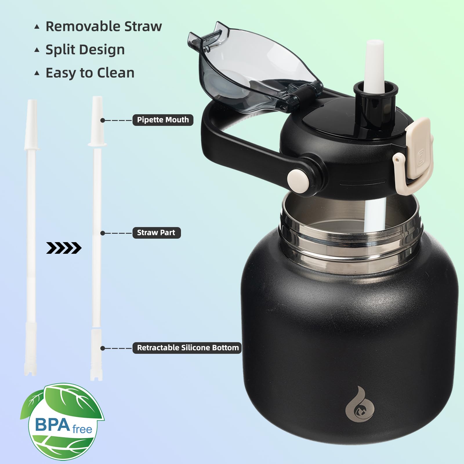 BJPKPK Botellas de agua aisladas con popote, bonitas botellas de agua de 27 onzas con asa, termo de metal de acero inoxidable sin BPA, termo fácil de transportar para hombres y mujeres, color negro