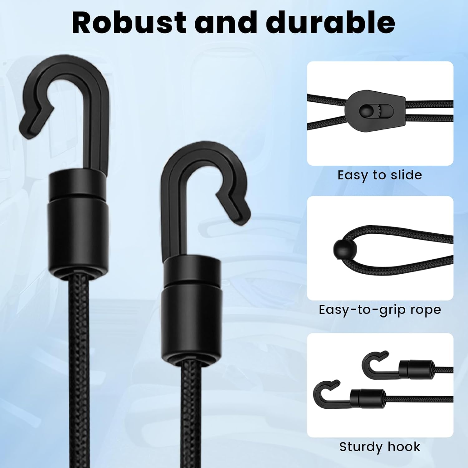 2 PCS Under Seat Bag Strap for Airplane Travel, 59 Inch Adjustable Airplane Seat Backpack Strap with Anti-Slip Lock Hook for Flight Train Car Storage, Free Up Under Seat Leg Room (Black)
