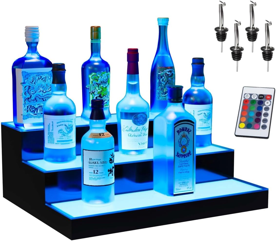 Boss Premium® BarUSA™ LED Lighted Bar Shelf Display Liquor Bottle Alcohol Whiskey Shelves Rack Stand Tray Units for Home Bar Living Room Accessories and Decor - Designed in USA (3-Step, 16 Inch)