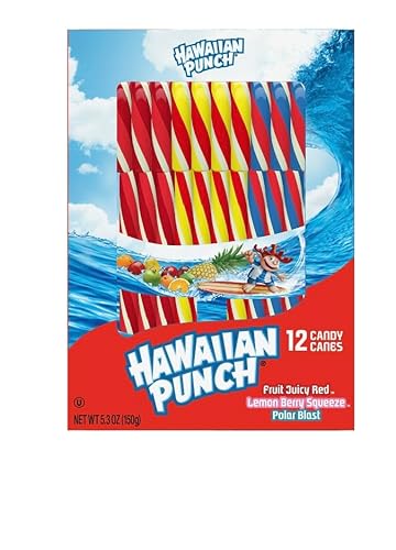 Spangler Hawaiian Punch - Bastones de caramelo de 12 quilates, caja de 5.3 onzas, exprimidor de bayas de limón, rojo jugoso y bastón de caramelo con