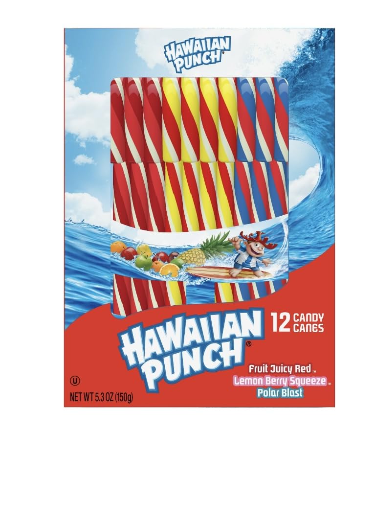 Spangler Hawaiian Punch 12ct Candy Canes, 5.3oz Box Lemon Berry Squeeze, Fruit Juicy Red and Polar Blast Flavored Candy Cane (1)