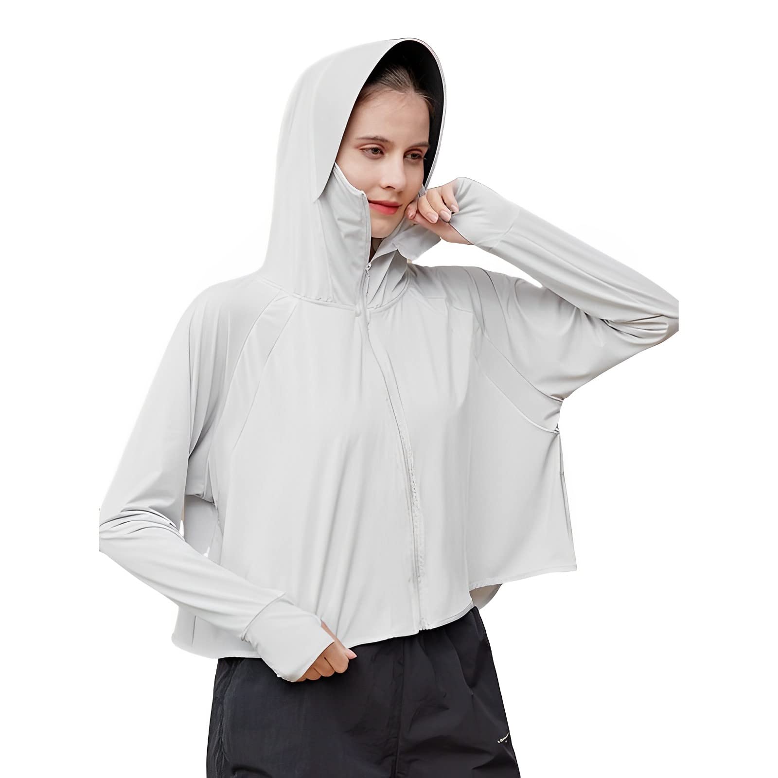ooibnn Women's UPF 50+ Sun Protection Hoodie Jacket Lightweight Long Sleeve for Women Full Zip Athletic Jackets for Hiking Fishing Walking Biking Outdoor (Grey,One Size)