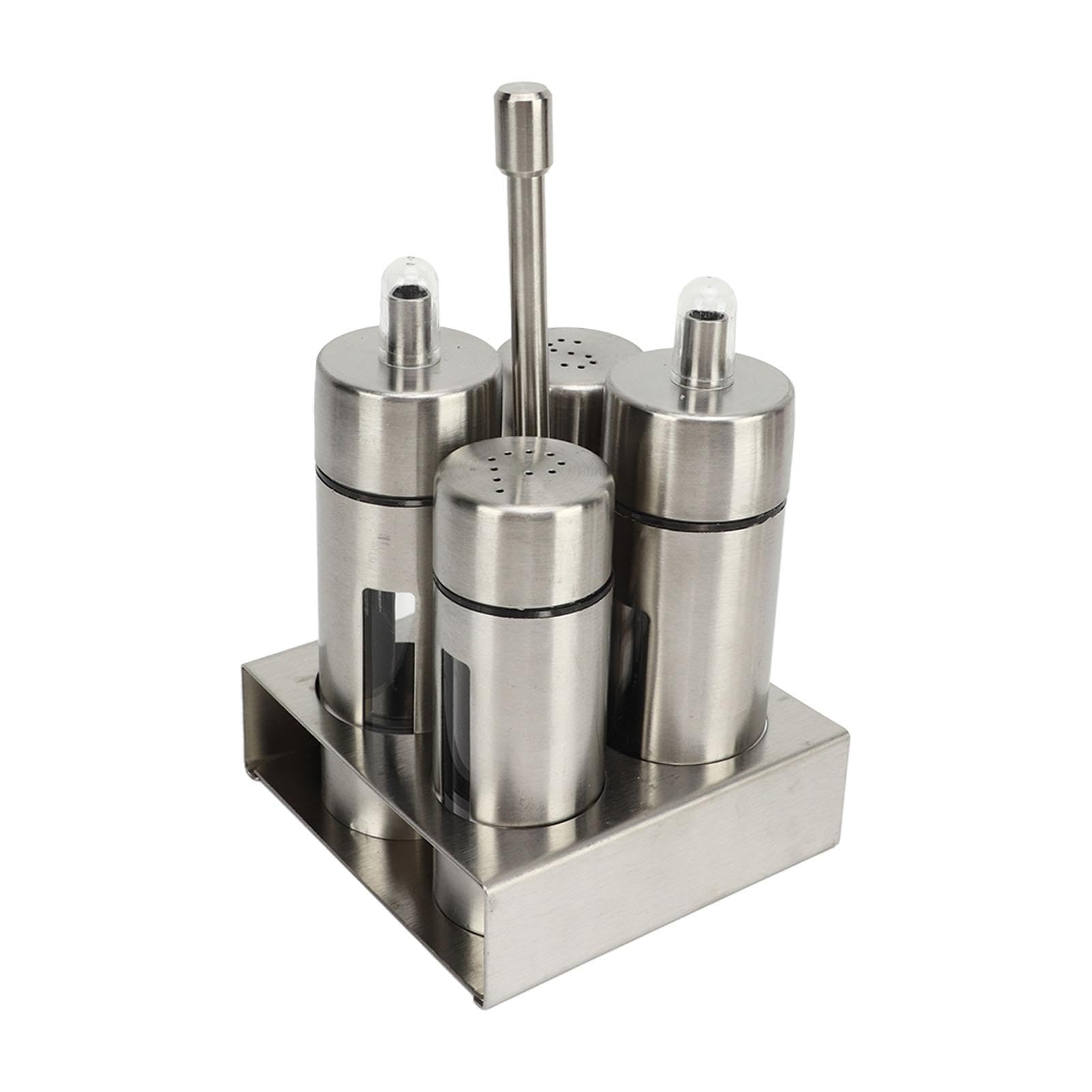 Nikou Set de Aceite y Vinagre, Salero y Pimentero, Acero Inoxidable Juego de 4 Botellas de Vinagre y Aceite, con Estante para Especias, Tarros de Especias para Cocina, Restaurante, Barbacoa