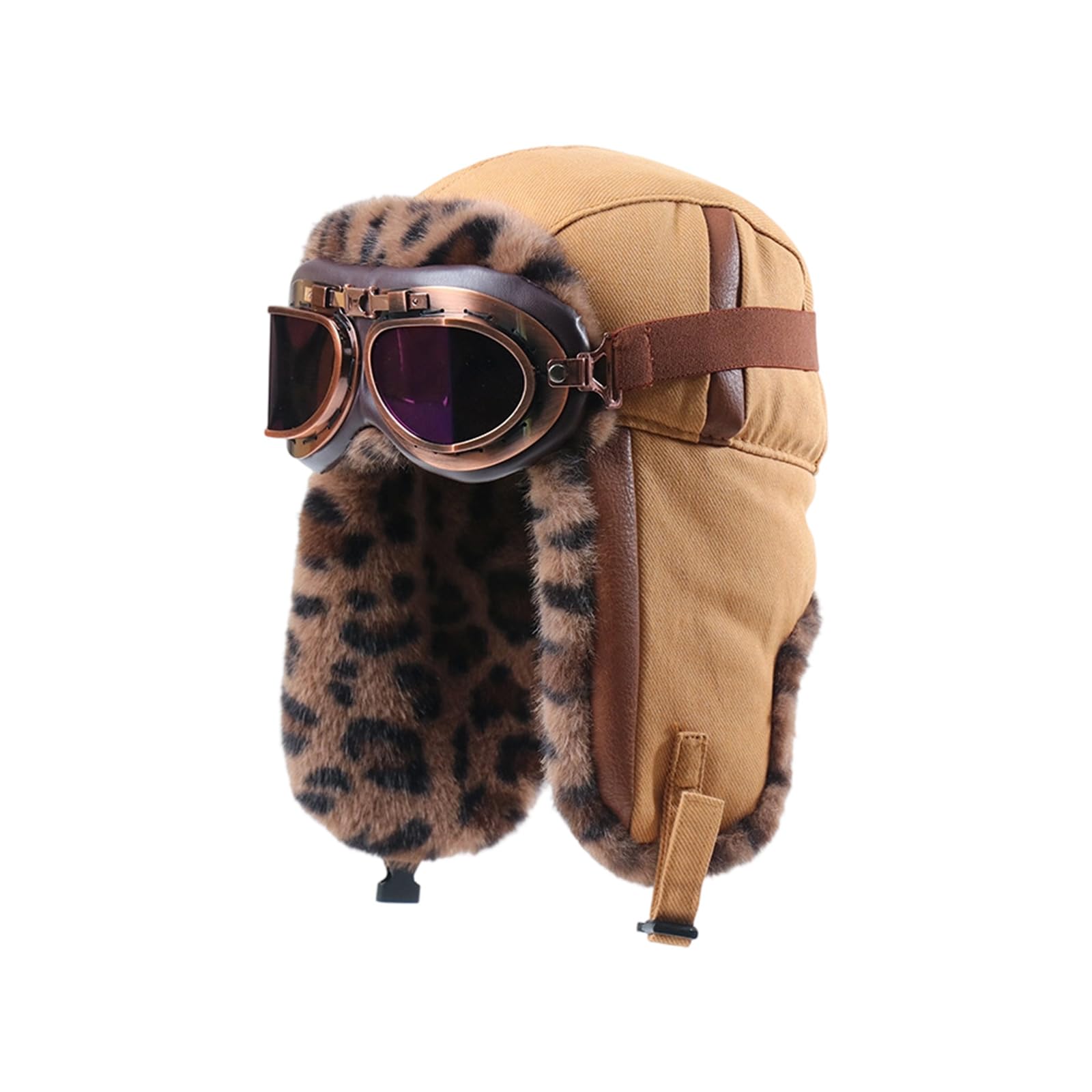 Cuffia invernale reversibile con motivo leopardo esterno in morbido tessuto regolabile per escursionismo campeggio attività invernale morbida pelliccia antivento