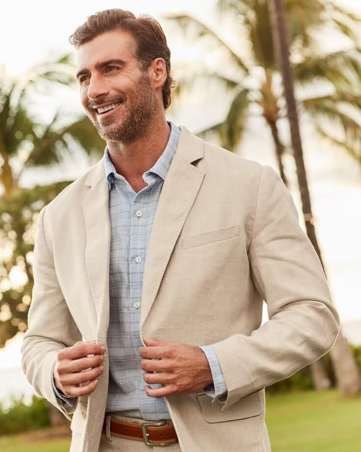 Men's Linen Suit 2 Piece Slim Fit Beach Wedding Groomsmen Suits Lightweight Two Button Casual Blazer Pant Set4