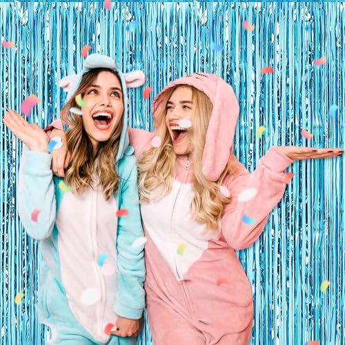 Image of 3 Pack Light Blue Foil Fringe Curtains Backdrop, 3.28 x 9.8 Ft Metallic Streamers Tinsel Curtains Background for Photo Booth, Birthday, Halloween, Christmas, Thanksgiving, New Year Party Decorations