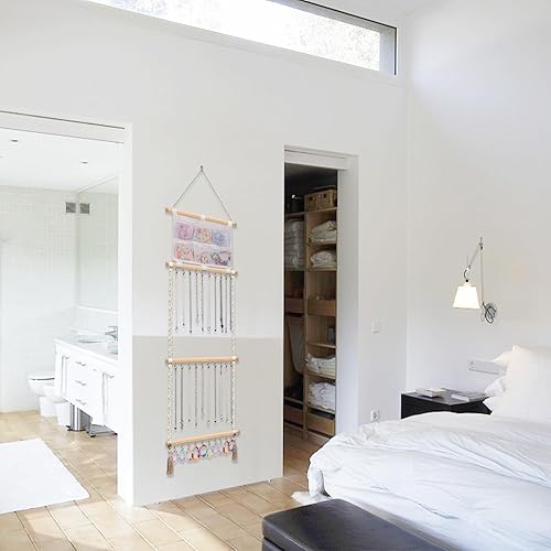 Miniatura 7 de Organizador de joyas colgante de macramé con 30 ganchos montado en la pared, colgador de joyas sobre la puerta, estante para collares con borla para