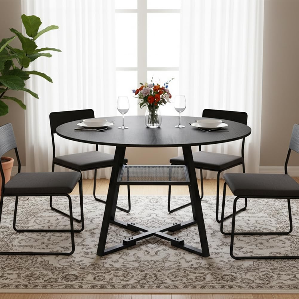 Shally Dogan Tavolo Rotondo per Sala da Pranzo e Cucina Diametro 120cm, Gambe in Metallo con Ripiano Portaoggetti Inferiore e Piano in Legno, Ideale per Casa e Ufficio (Nero)