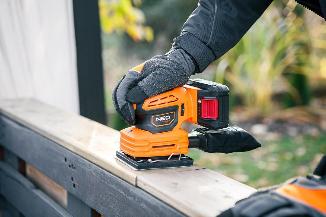 NEO TOOLS Smerigliatrice multiuso 3 in 1, batteria professionale, sistema 18 V, senza batteria, levigatrice orbitale, contenitore per polvere, base quadrata, piede rettangolare, piede delta, 3 pezzi