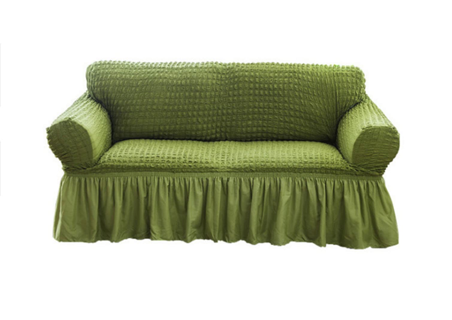 Housse de canapé en seersucker vert 3 places extensible jupe