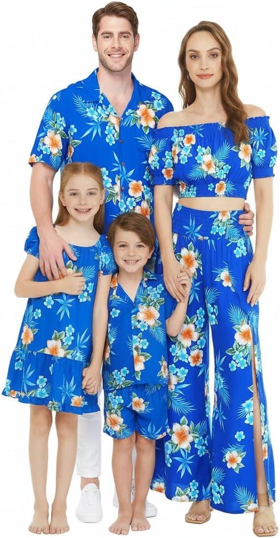 Matchable Family Hawaiian Luau Men Women Girl Boy Clothes in Hibiscus Blue