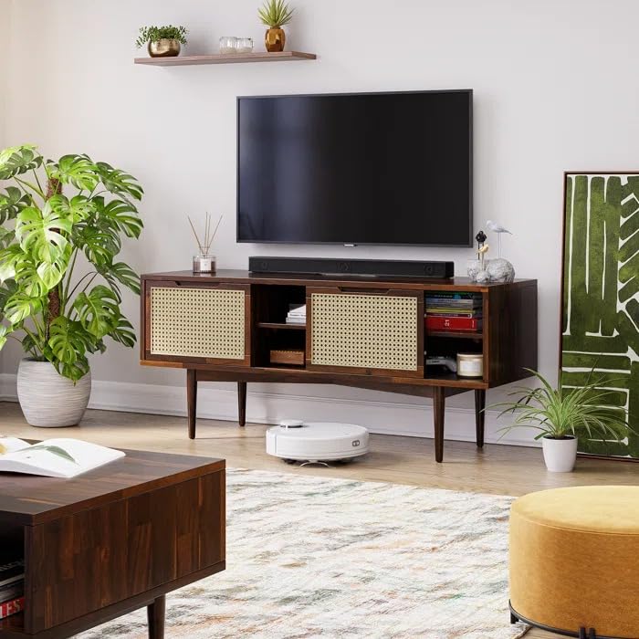 Image of MISAN Modern TV Table | Solid Sheesham Wood Sideboard TV Unit for Living Room, Bedroom, Office Furniture Stand | Wooden Free Standing Entertainment Unit Side Board Table with Storage (D-Walnut)