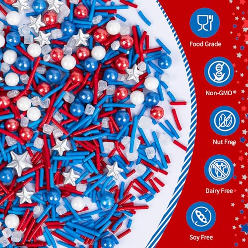 Image of Edible Patriotic Sprinkles for Cake Decorating,130g,July 4th Pearl Sprinkle for Baking Decorations,Blue Red and White Pearls Jimmies,Silver Star and Sugar Crystals Mix,Cookies,Ice Cream,Fondant Cake,Cupcakes,Desserts,Memorial Day,Flag Day,Juneteenth,Independence Day,4th of July Party Supplies