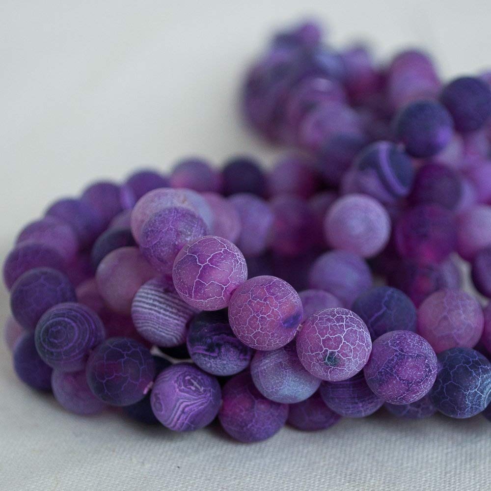 Frosted Matte Crackle Purple Agate Semi-Precious Gemstone Round Beads - 8mm - 15" Strand