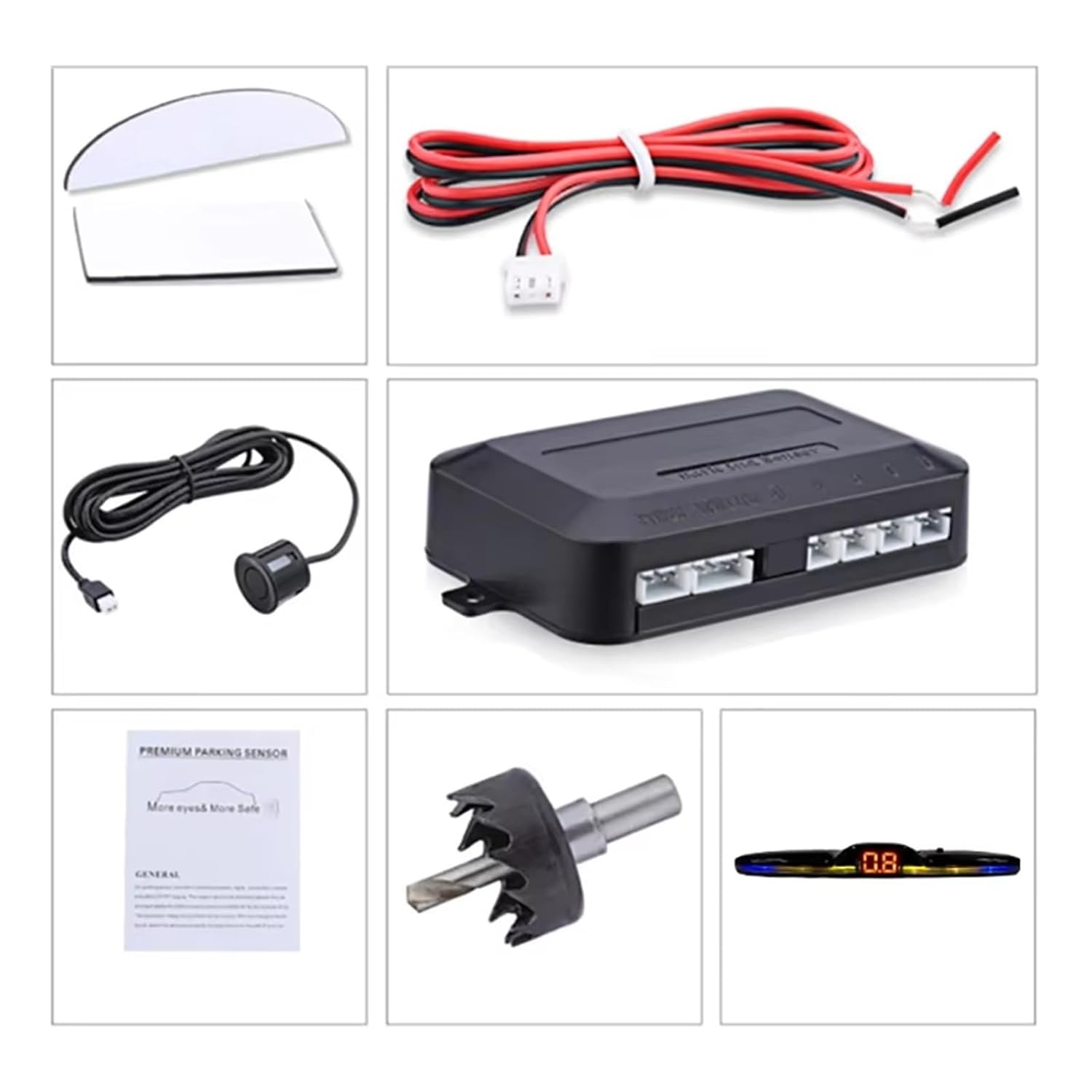 Parking Sensor LED Parking Sensor System Backlight Parktronic Monitor Display Kit Backup Detector Assistant 4 Probes （White Sensors(Grey Sensors)