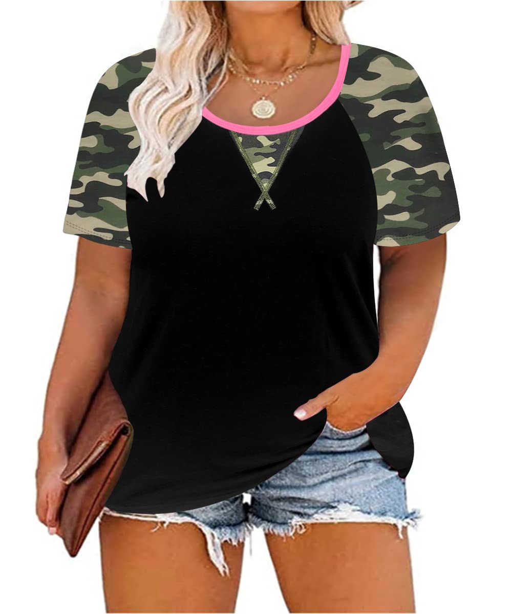 CARCOS Plus Size Tops for Women Short Sleeve Raglan Striped Tee Color Block Crewneck/V Neck Tunic Loose Fit Summer XL-5XL