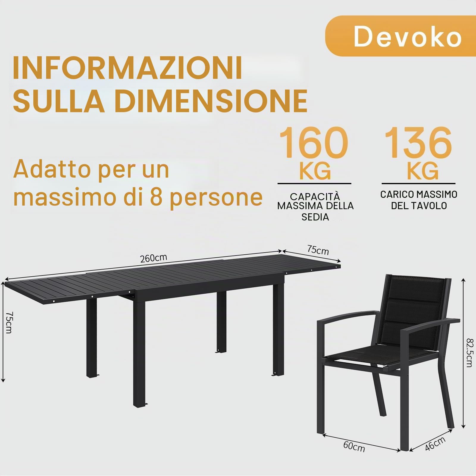 Devoko Set Tavolo e Sedie Da Giardino in Alluminio 8 Persone, 130-260CM Allungabile, Grigio Scuro