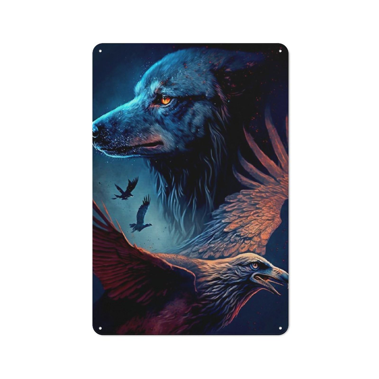 Junmoney Wolf And Eagle Metal Wall Sign 30X20cm Featuring For Workshop Wall, Suited To Metal Sign Collectors