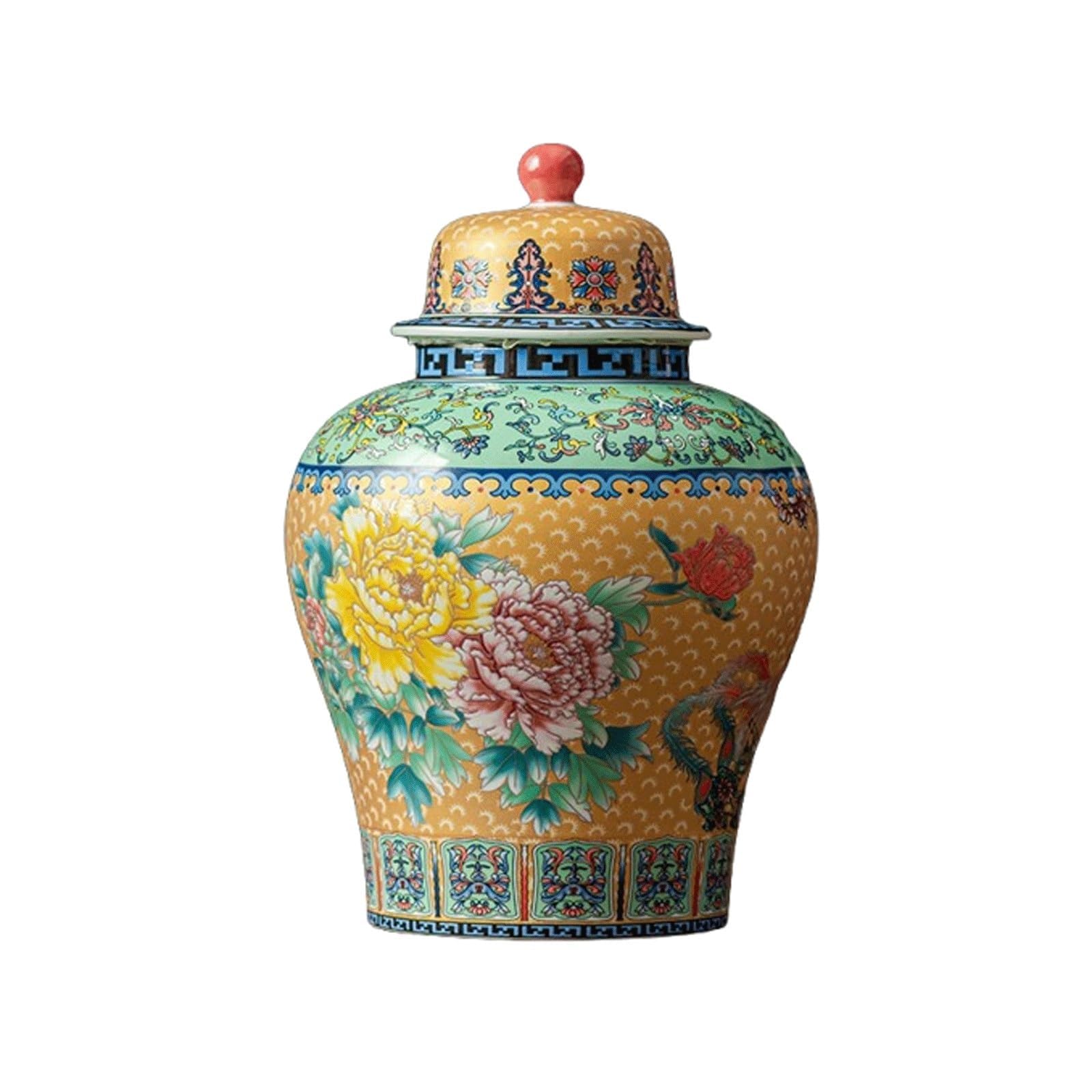 Yellow Ceramic Ginger Jar with Lid,Hand Painted Floral Peony Porcelain Temple Jar for Decor,Traditional Chinoiserie Art Vase Centerpiece(8.3x12.6inch)