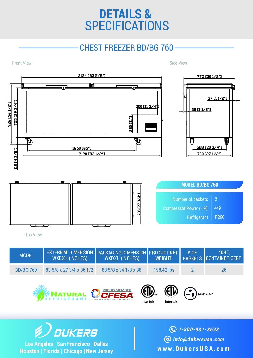 Double Door Chest Freezer 83" Dukers BD/BG-760