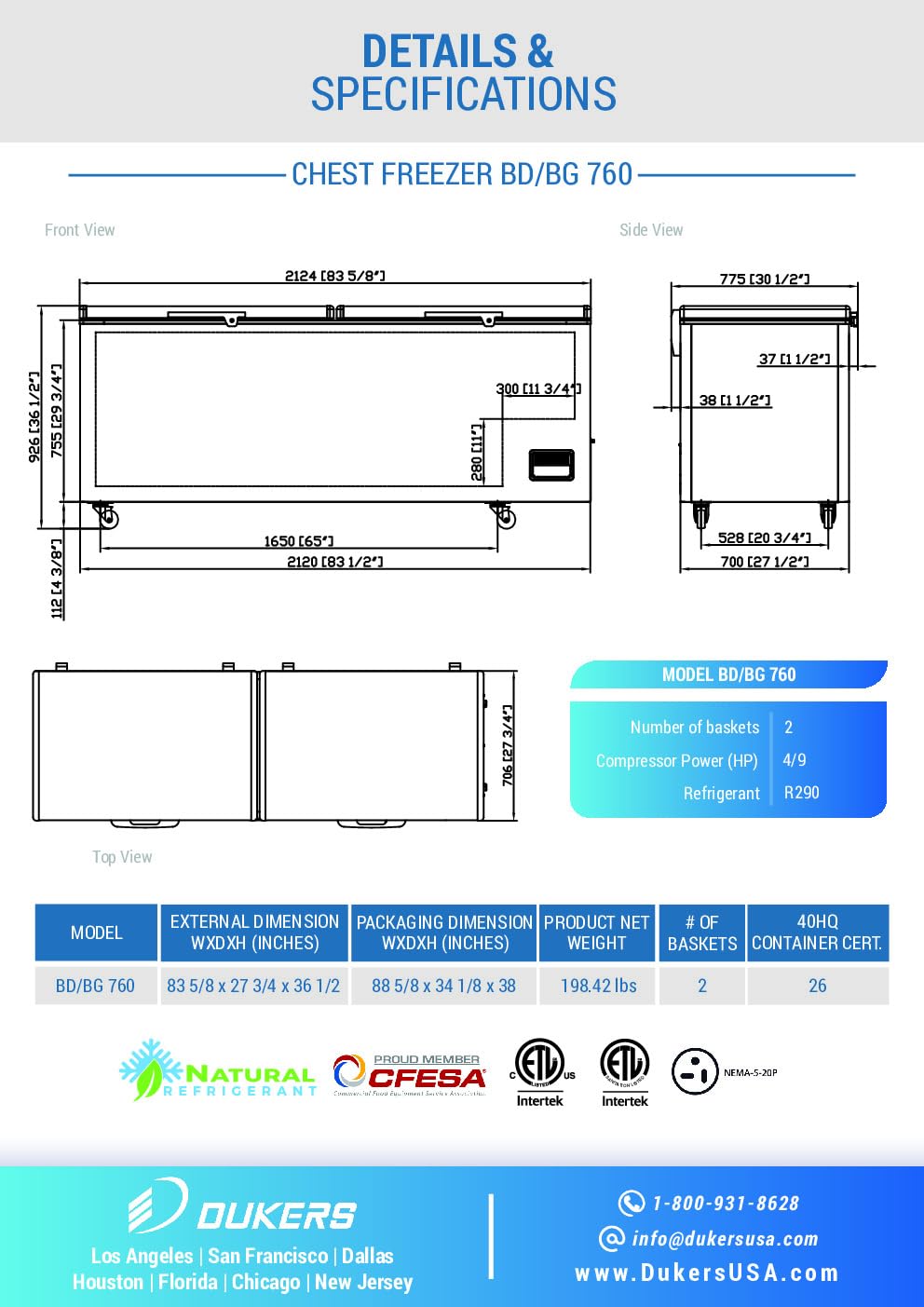 Double Door Chest Freezer 83" Dukers Bd/Bg-760 on Fridge.com - View 2