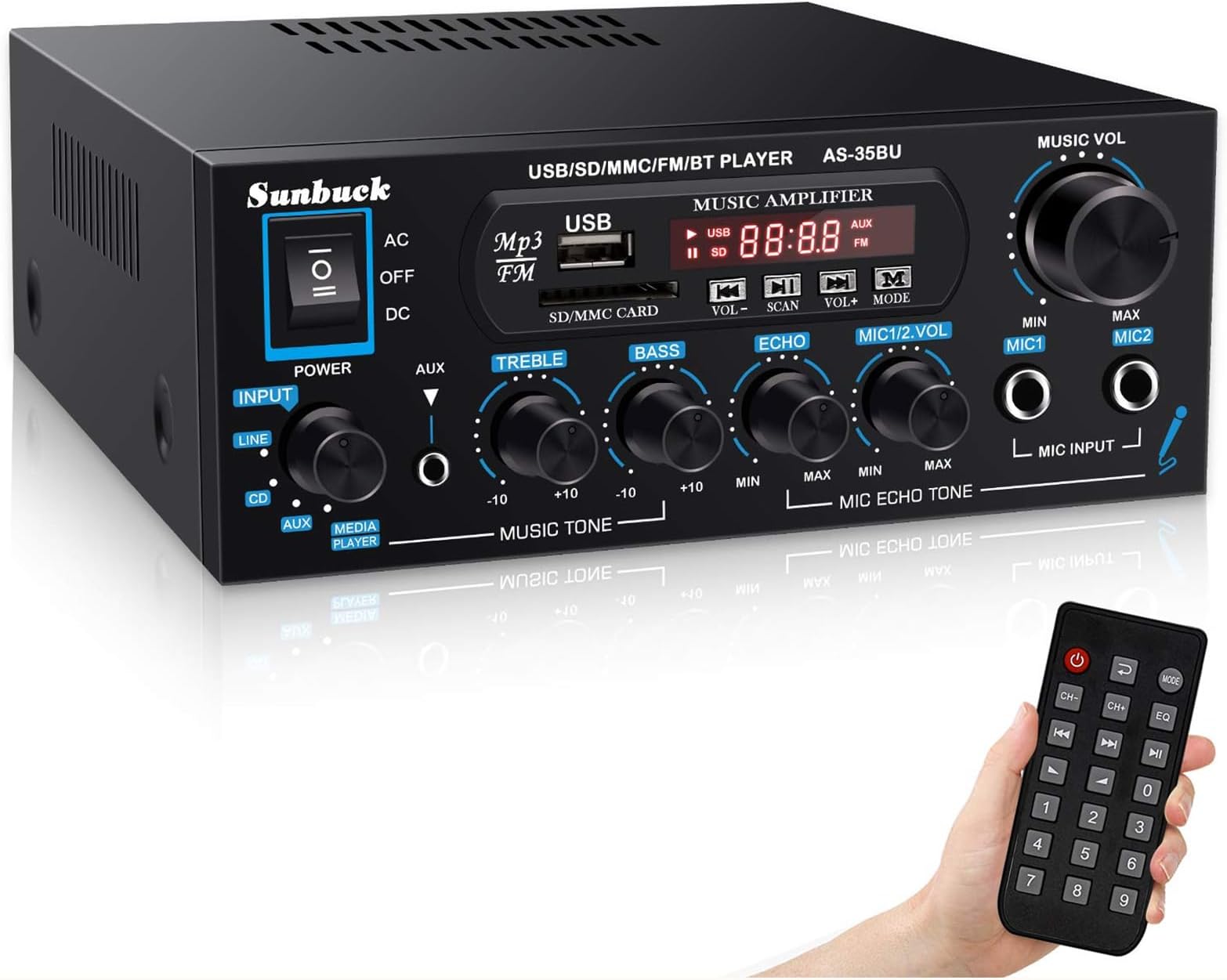 Sunbuck Small Amplifier, 400Wx2 Stereo Receiver for Home Audio, Optical/Coaxial Jacks for TV/CD/DVD/LP/PC, Support 192kHz Audio, Bluetooth Amplifier with RCA/USB/FM/AUX, Receiver for Speaker, AS-35BU