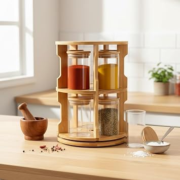 Deconox Doğal Bambu 360° Döner Standlı 10'lu Cam Baharatlık Seti - Büyük Boy (250 ml) Ahşap Kapaklı Baharat Takımı