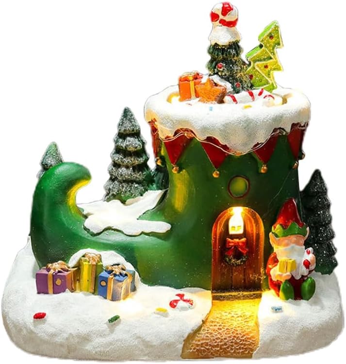 Holiday Seasonal Musical House Resin Ornament with Colorful LED Light Christmas Rotating Figurines Statue Desktop Decors, Type a