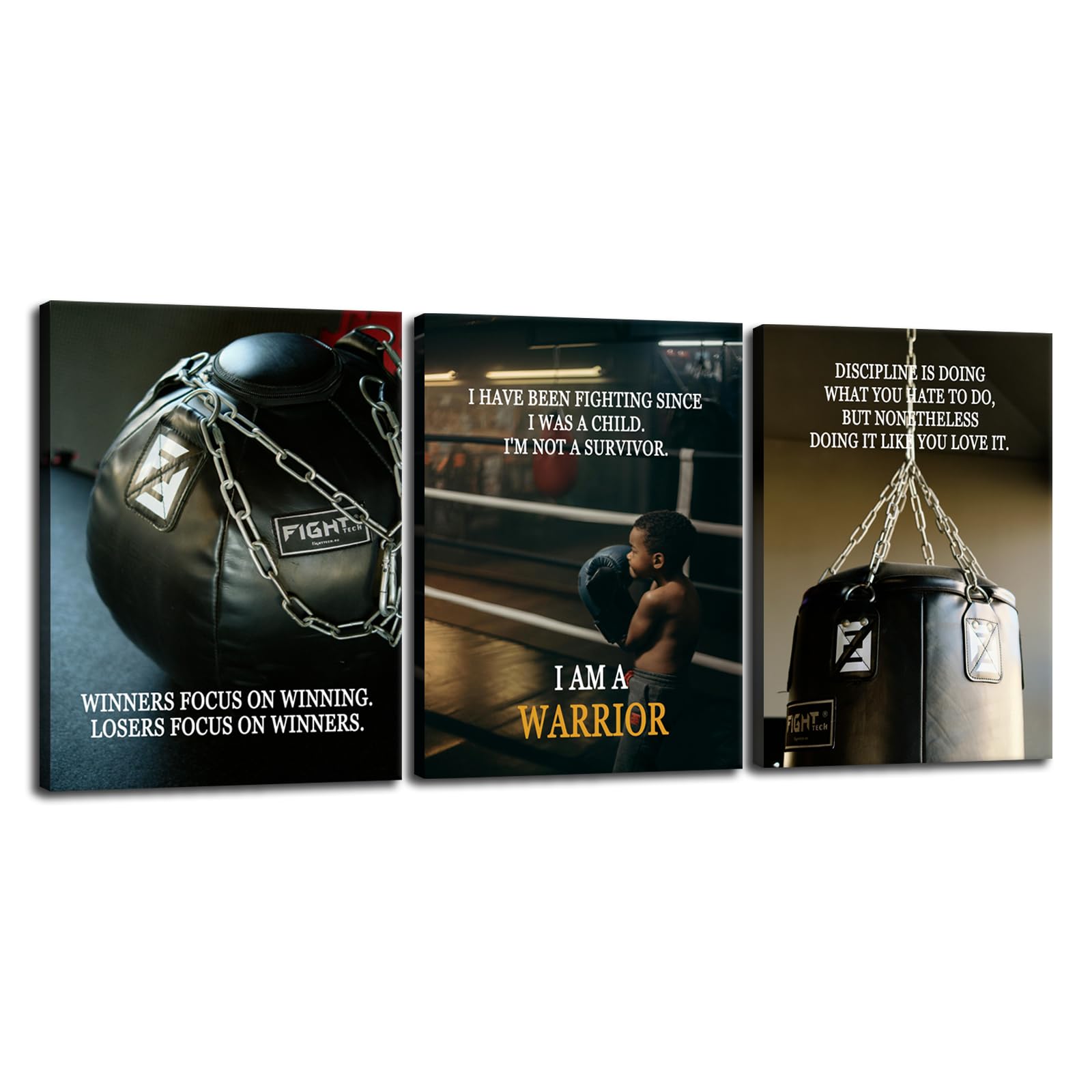 FHBWART Boxing Motivational Wall Art 3 Piece Winners Focus on Winning I Am a Warrior Discipline Quotes Inspirational Canvas Prints Home Office Wall Decor Bedroom Boxing Decor for Framed(12"x16"x3pcs)
