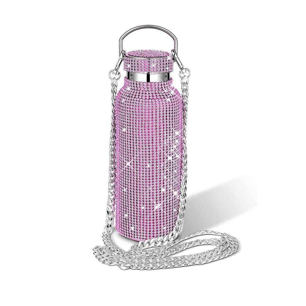 Rhinestones Water Bottle with Chain, 350/500/600/750/1000 Stainless Steel Glitter Tumbler with Chain, Bling Cups with Lids for Women Girl(750ml,Pink)