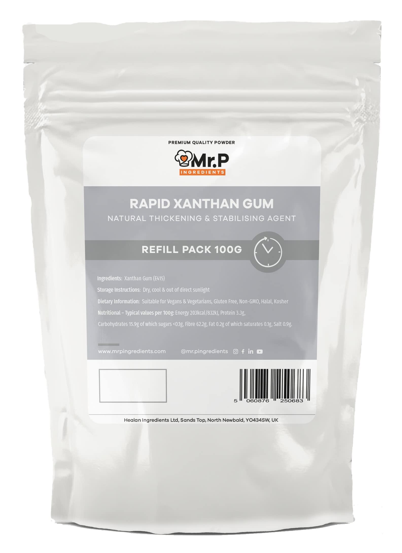 Mr.P Ingredients Rapid Agglomerated Xanthan Gum 100g Powder Rapid Thickener and Stabiliser Agent Vegan Vegetarian Gluten Free Halal Kosher Non-GMO Resealable Pouche