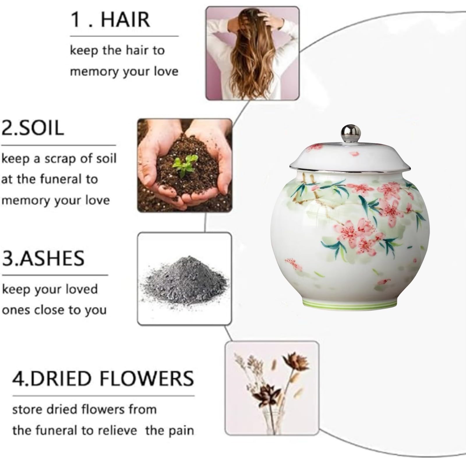 Urna pequeña de recuerdo para cenizas – Urna pequeña de cerámica con flores para humanos, urna funeraria de 4.2 pulgadas para adultos, niños, mascotas, capacidad para 15 pulgadas cúbicas –