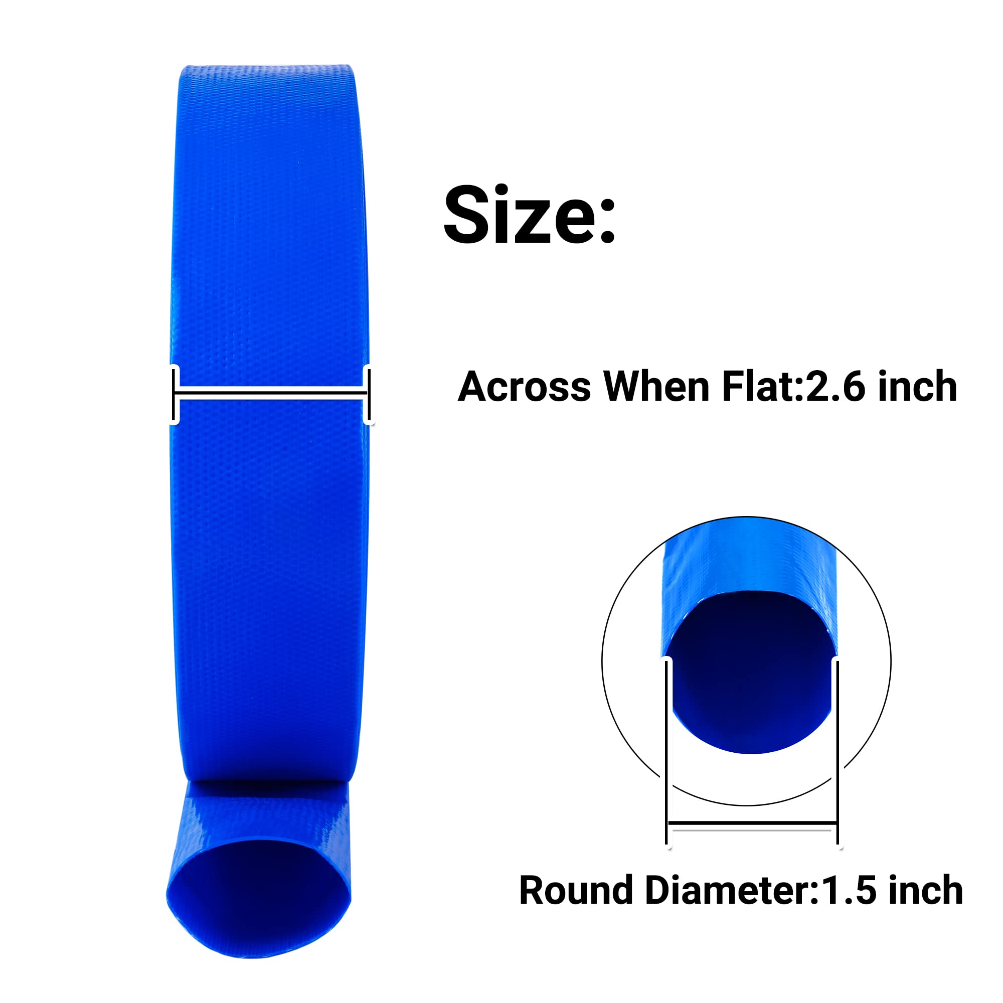 Manguera de retrolavado de piscina de 1-1/2 pulgadas x 25 pies, manguera de descarga de agua plana de PVC reforzado azul resistente para bomba de filtro de piscina, con 1 abrazadera