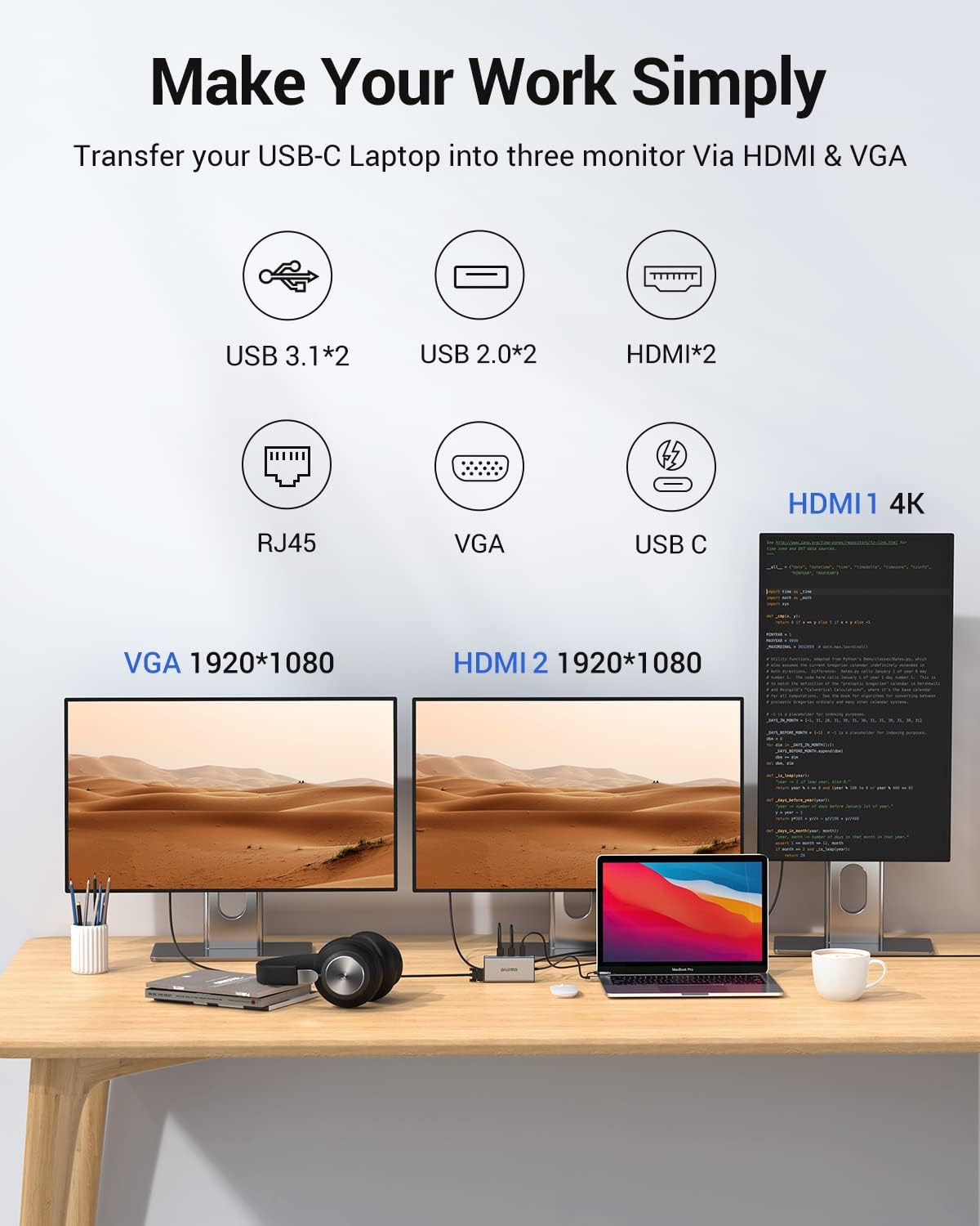 USB Docking Station GIISSMO Laptop USB 3.0 USB C Docking Station Dual Monitor for MacBook M1 & Windows, USB C HUB Multiport Adapter (4K HDMI, VGA, USB 3.2 Gen 2, Gigabit Ethernet) : Electronics