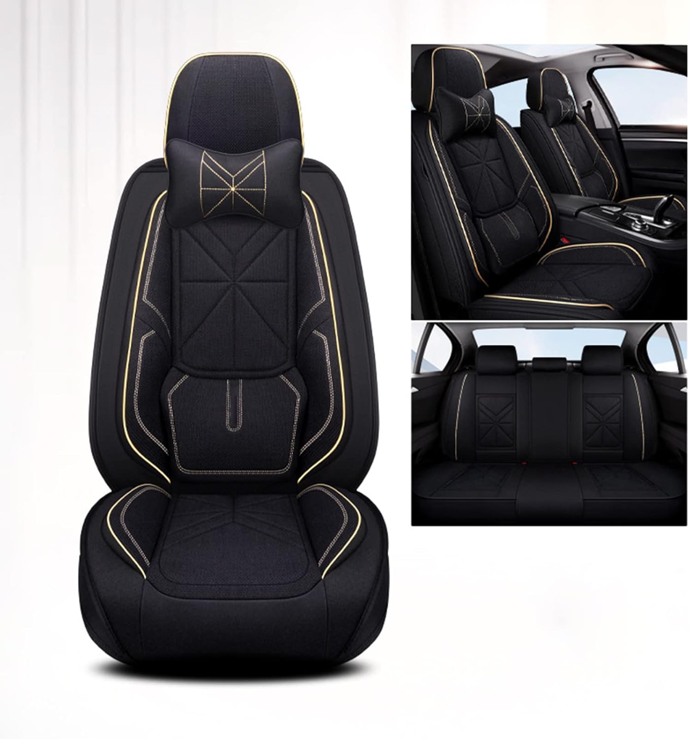 Car Seat Cushion Four Seasons Universal Linen Seat Cover Full Surround Suitable for 5-seat Sedan SUV Adjustable and Removable with 2 Headrests,A (B)