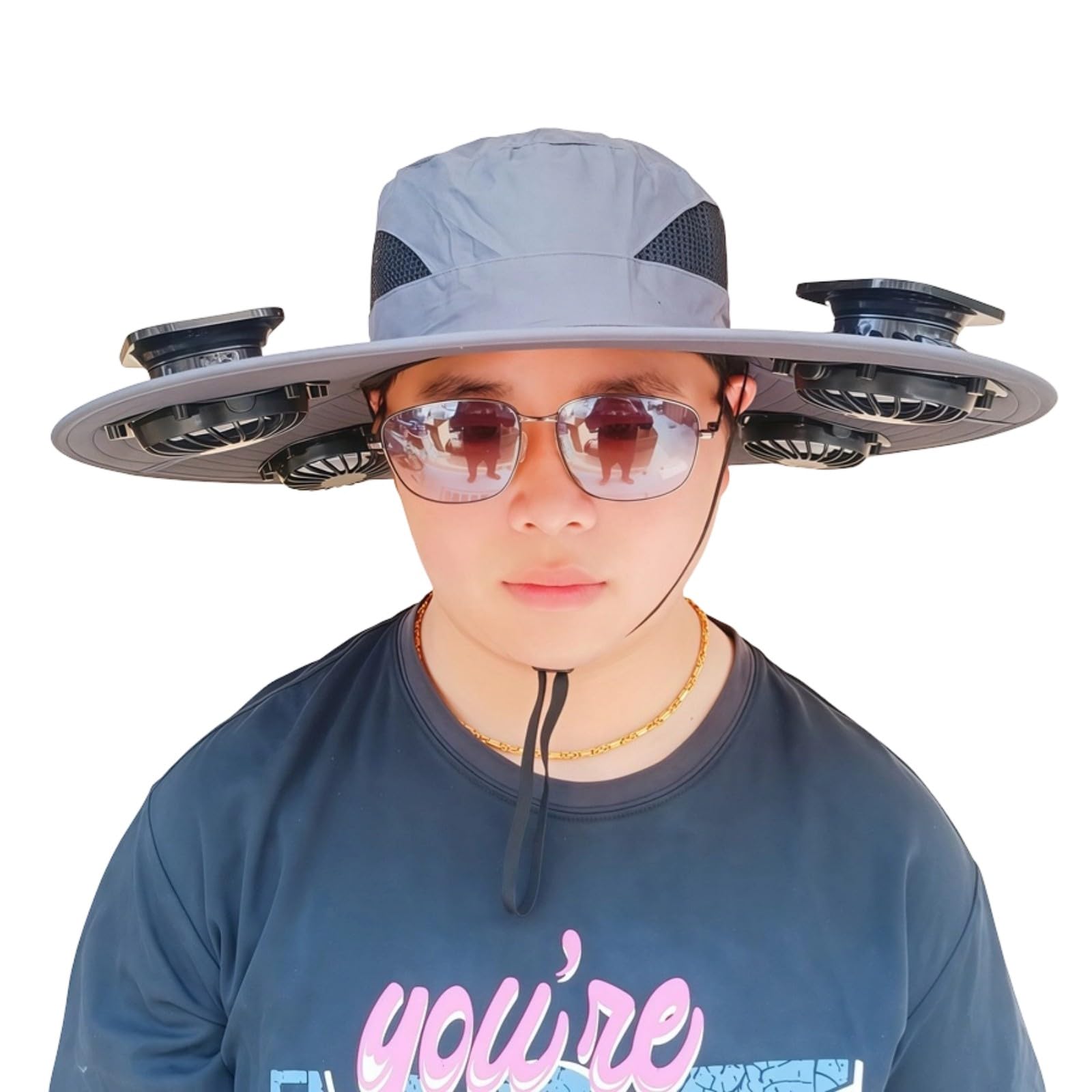 Bucket Hat Wide Brim Solar Fan Sunhat with 600mAh 4 Fan Layout, Chin Cord and Shade Coverage for Beach Walks Wearable Cooling Hat Shade Brim Solar Cooling Cap Outdoor Warm Weather Fishing Beach Hot