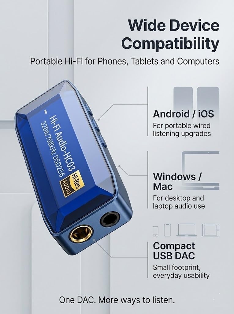 USB C DAC Headphone Amplifier, CS43198 HiFi Dongle with 3.5mm & 4.4mm Outputs, 32Bit/768kHz DSD256, Portable Amp for IEMs, Wired Earphones, Laptops and PCs, Blue