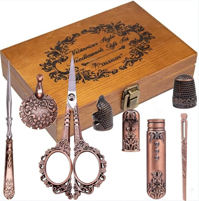 Vintage Embroidery Scissors Kit, Victorian Needlework Gift Set with Antique Shear, Thread Cutter, Thimbles, Needles, Awl, Bodkin, Winding Board for Sewing, Knitting, Cross Stitch, Quilting