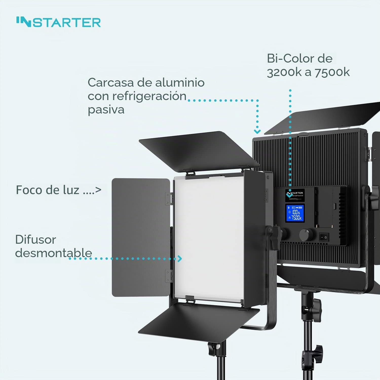 luz LED de vídeo con trípode y Control por App - luz de 60W Regulable para Streaming y fotografía, 360° giratoria, luz cálida y fría (3200K - 7500K) Bi-Color, Ideal para influencers