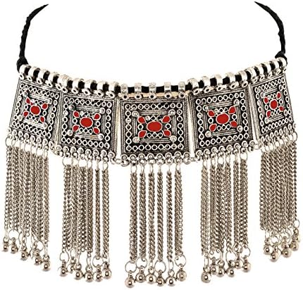 Necklace Boho Tribal Style Oxidized Silver Pendant Trendy Tassel Choker For Girls and Women