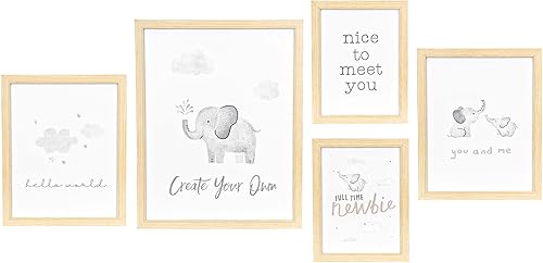 ArtbyHannah Paquete de 5 decoraciones enmarcadas para la pared del cuarto del bebé con impresiones artísticas de elefantes, decoración de guardería