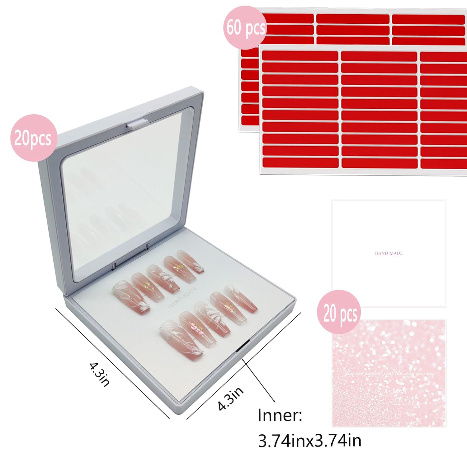 Press On Nail Packaging Boxes - 3D Floating Storage and Display Box With 60pcs Double Sided Adhesive Tape for Nail Tech (White, 4.3 Inch) image 3