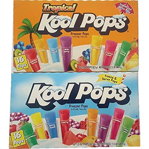 Kool Pops Freezer Pops Bundle - 2 Items: 2 Boxes of 16 Pops - Original and Tropical Flavors Cover