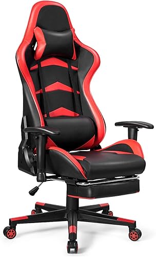GOFLAME Silla de juegos de estilo de carreras, silla ergonómica giratoria para computadora con reposacabezas y soporte lumbar, silla de masaje de