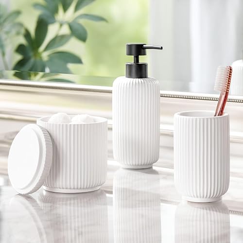 Miniatura 3 de mDesign Juego de 3 accesorios de resina estriada para encimera de baño, dispensador de jabón, taza de enjuague de vaso y soporte para recipiente,