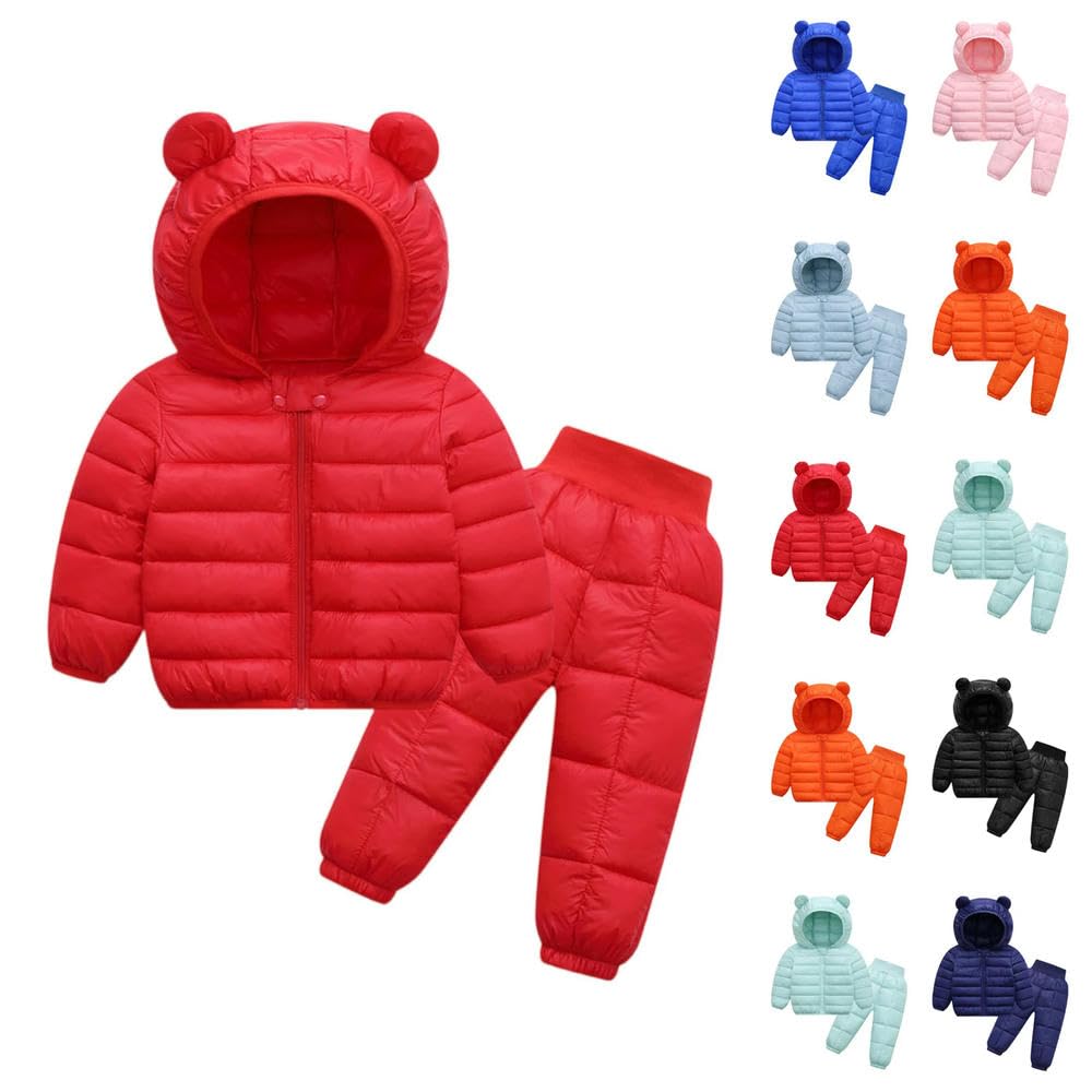 ZBDP - Tuta imbottita per bambini, autunno/inverno, in cotone, con giacca e pantaloni a tinta unita, set da due pezzi, con cappuccio e pantaloni