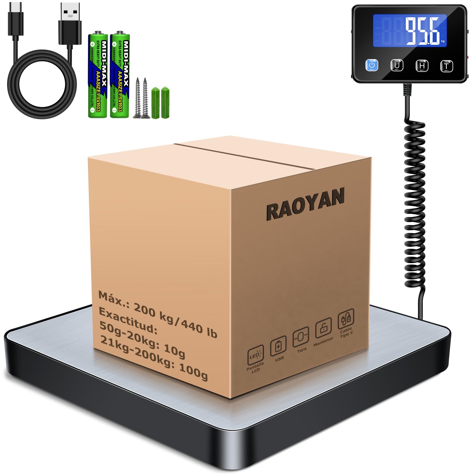 Bascula Industrial, 200 kg / 10 g Bascula Maletas Viaje con Función de Hold/Tara, Báscula con Pantalla LCD para Paquetes, Equipaje y Almacén, Incluye 2 Baterías AAA y Cable de Carga