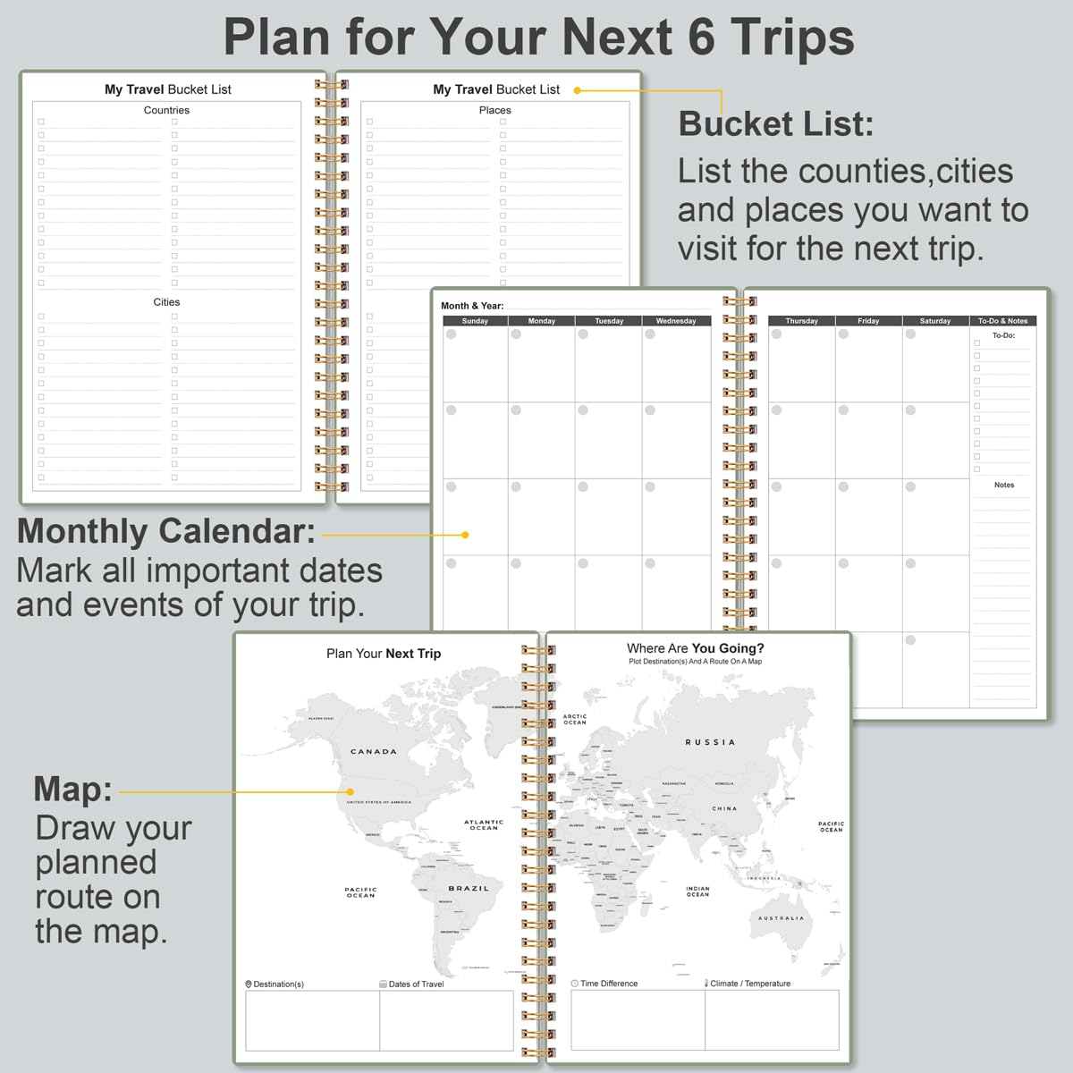 Heveboik Travel Journal for Women & Men, Vacation & Road Trip Planner Organizer, Travel Notebook for 6 Trips - Image 3