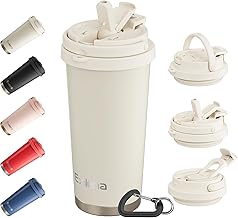 Exllena Insulated Coffee Mug 500ml with 3 in 1 Lid, 100% Leakproof Coffee Mug with Handle and Clip Perfect for Travel, Office and Outdoors (Beige)